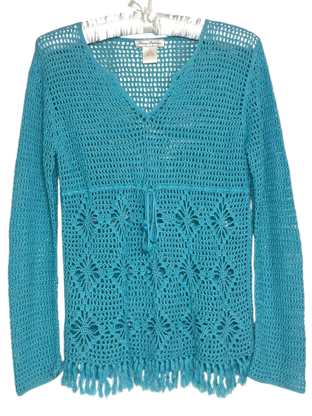 Tommy Bahama Women's S Crochet Silk Cotton Blend Turquoise Swimsuit Cover-Up